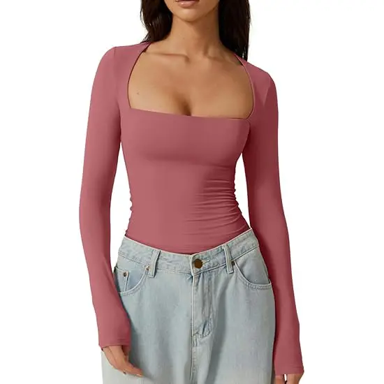 Cross-Border European and American Style Square-Neck Shirt, Autumn Long-Sleeve Pullover Slim-Fit Milk Silk T-Shirt, Elegant and Graceful