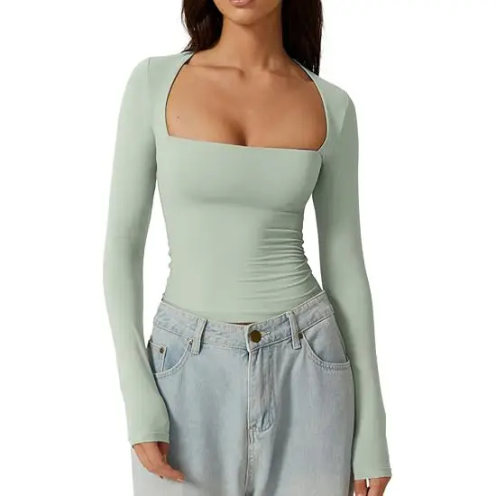 Cross-Border European and American Style Square-Neck Shirt, Autumn Long-Sleeve Pullover Slim-Fit Milk Silk T-Shirt, Elegant and Graceful