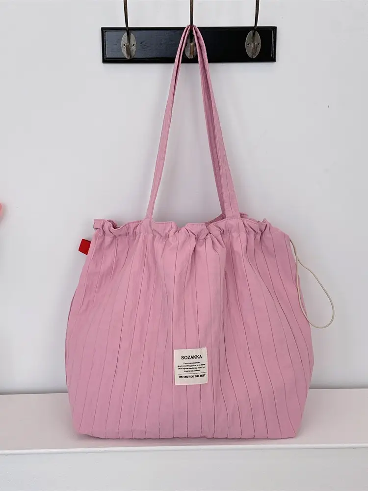 Red Striped Drawstring Shoulder Bag Large Capacity - Image 9