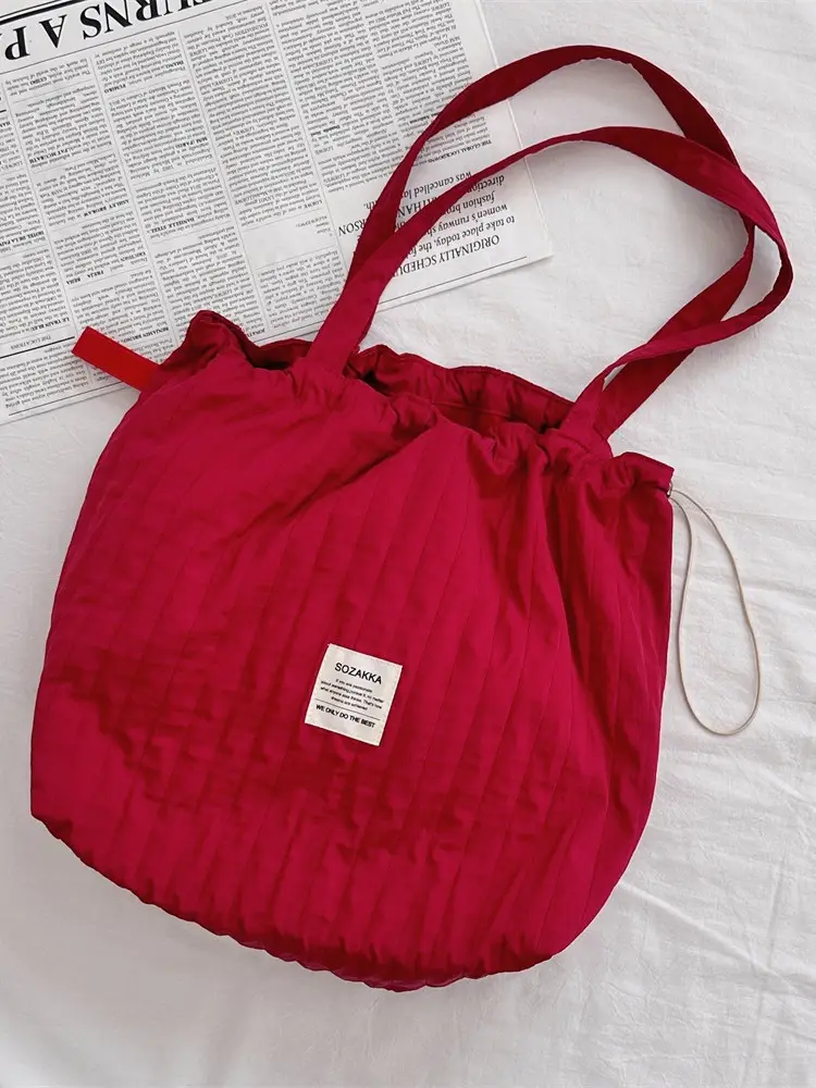 Red Striped Drawstring Shoulder Bag Large Capacity - Image 10