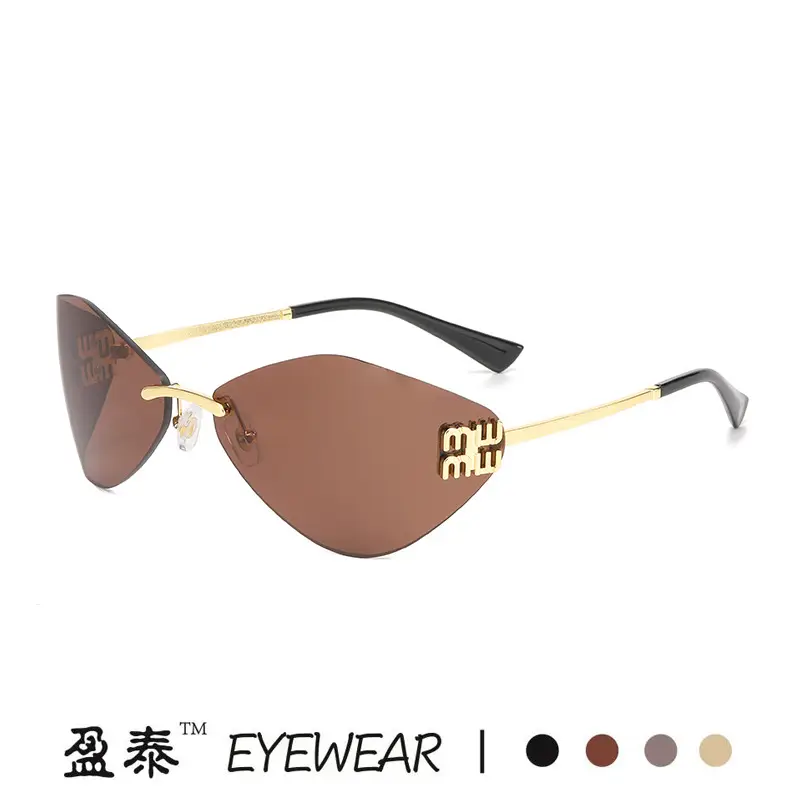 New Y2K Miaojia Rimless Sunglasses Brown Curved - Image 10