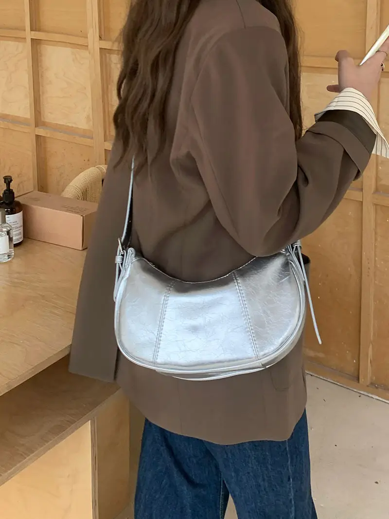 Silver Textured Shoulder Crossbody Bag for Women - Image 5