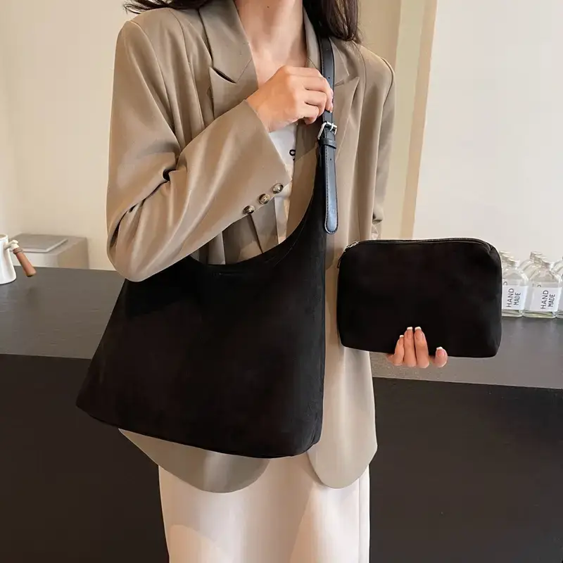 Brown Velvet Shoulder Bag with Matching Tote & Crossbody Set - Image 7