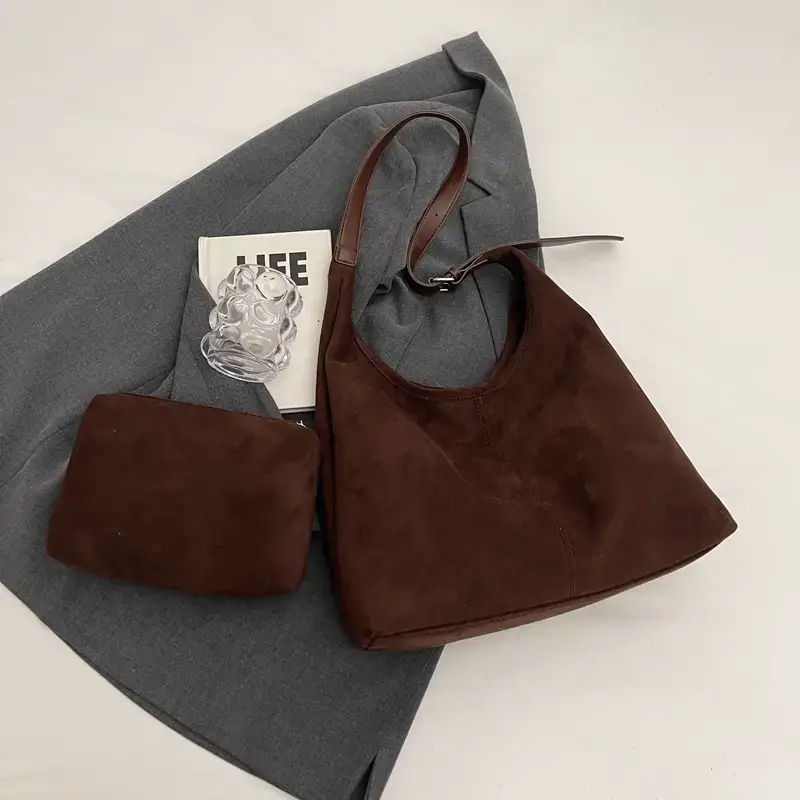 Brown Velvet Shoulder Bag with Matching Tote & Crossbody Set - Image 2