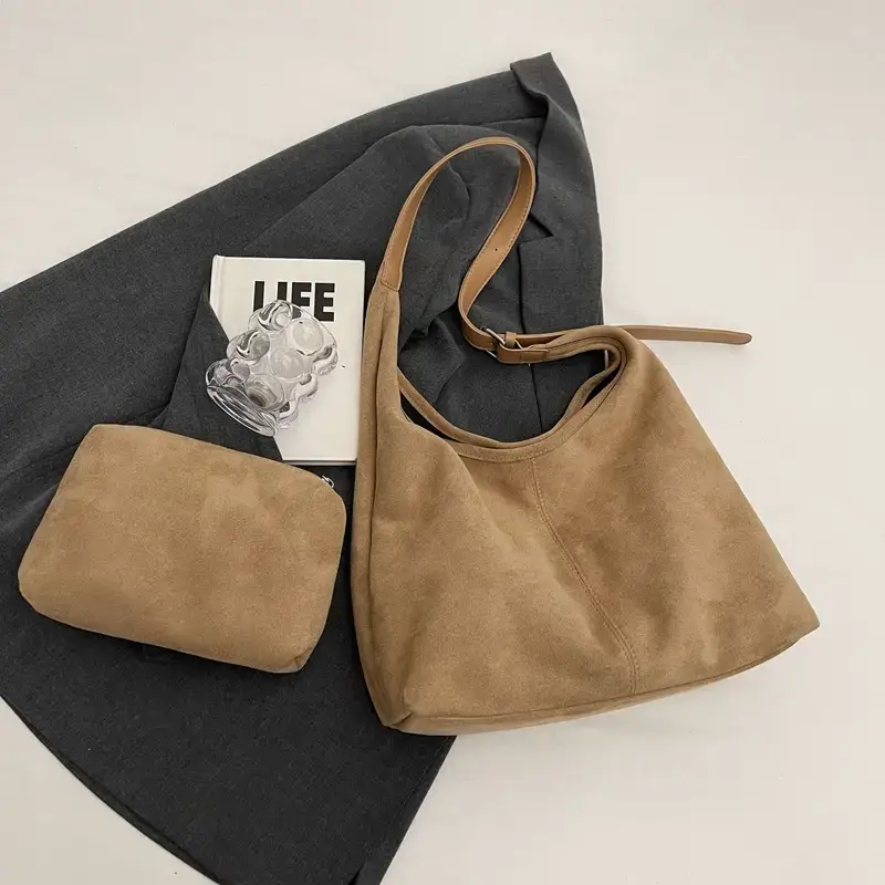 Brown Velvet Shoulder Bag with Matching Tote & Crossbody Set - Image 4