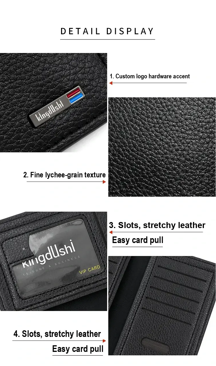 Close-ups of wallet badge, pebbled surface, photo window and card slots with Chinese labels.