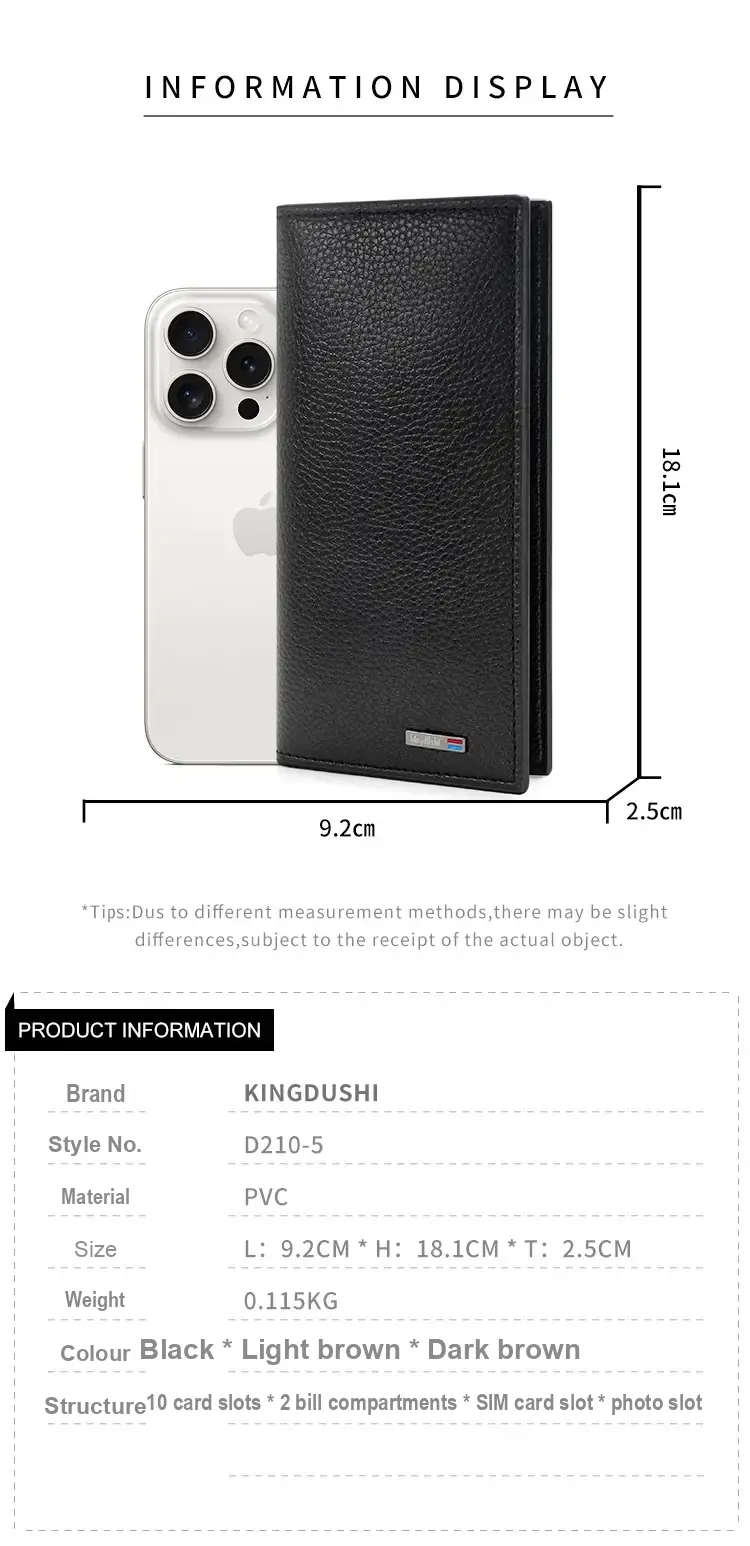 Wallet dimension diagram showing 18.1 cm height, 9.2 cm length and 2.5 cm thickness.