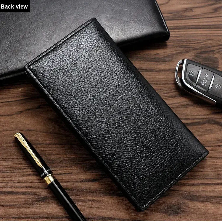 Back of a black pebbled wallet.