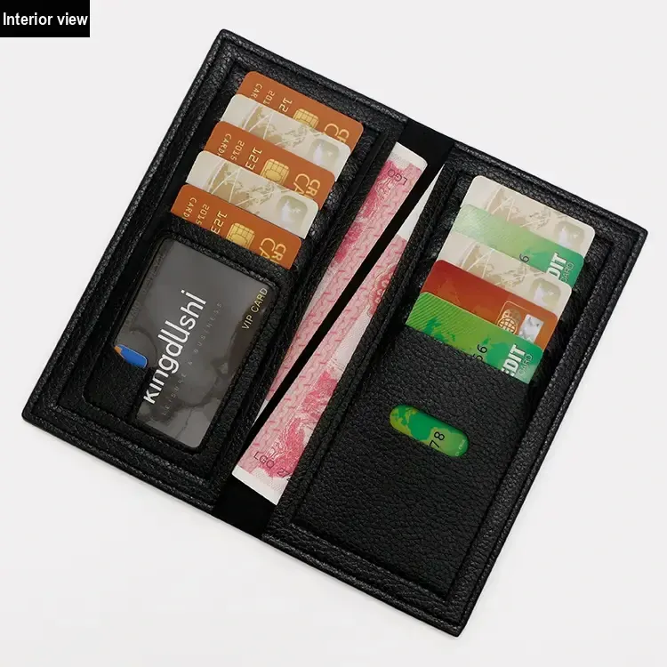 Open black wallet displaying card pockets, bill compartments and photo window.
