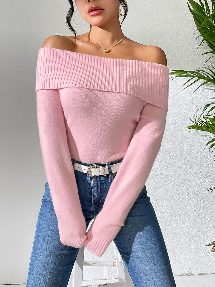 Women's Off-Shoulder Knitted Sweater Solid Color — feature 18