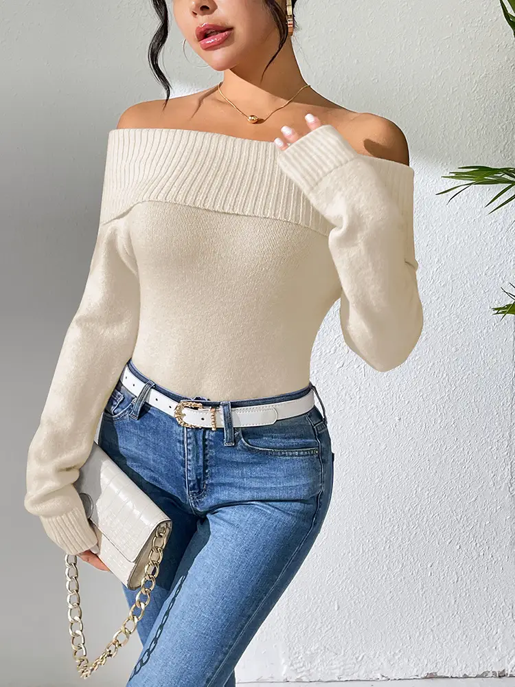 Women's Off-Shoulder Knitted Sweater Solid Color — feature 21