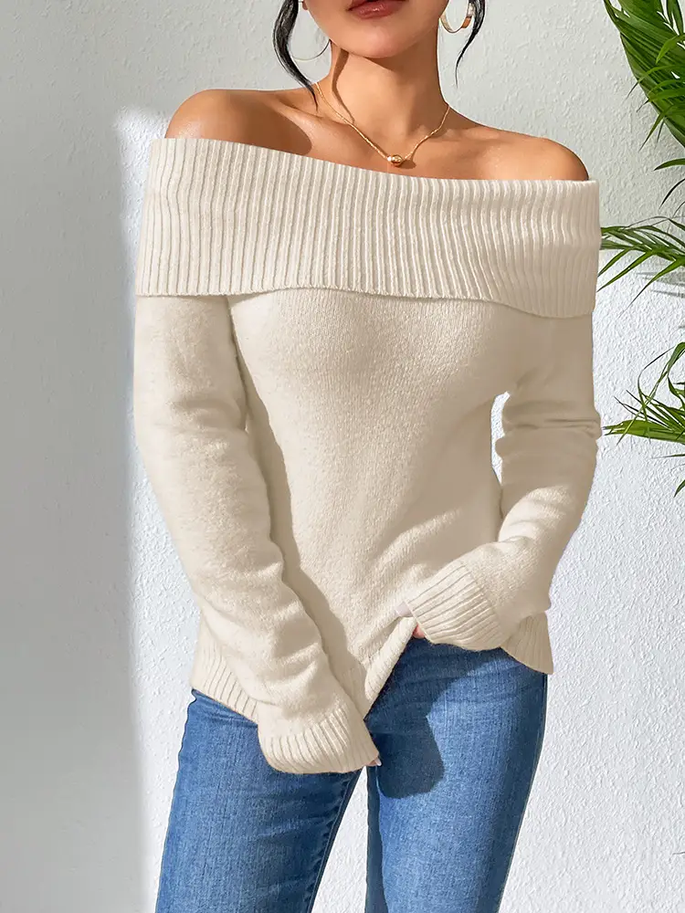 Women's Off-Shoulder Knitted Sweater Solid Color — feature 22