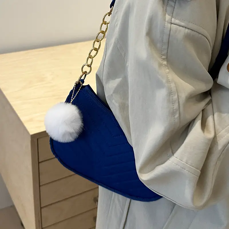Women's Blue Felt Shoulder Bag with Pom Pom - Image 15