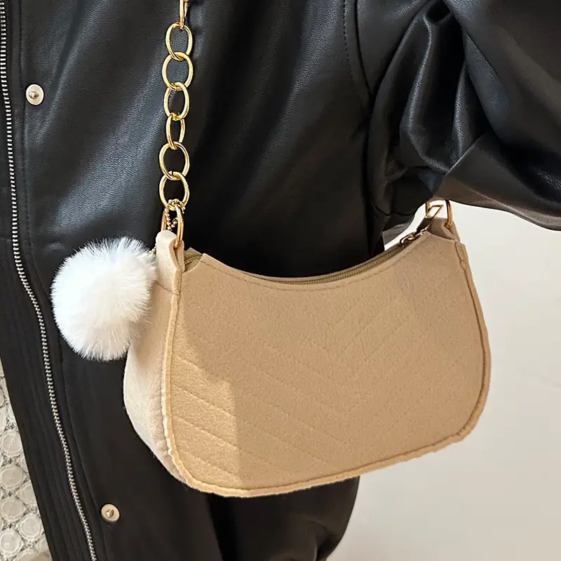 Women's Blue Felt Shoulder Bag with Pom Pom - Image 17