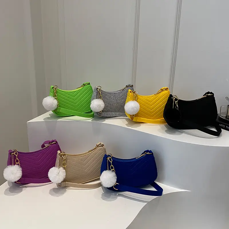 Women's Blue Felt Shoulder Bag with Pom Pom - Image 18