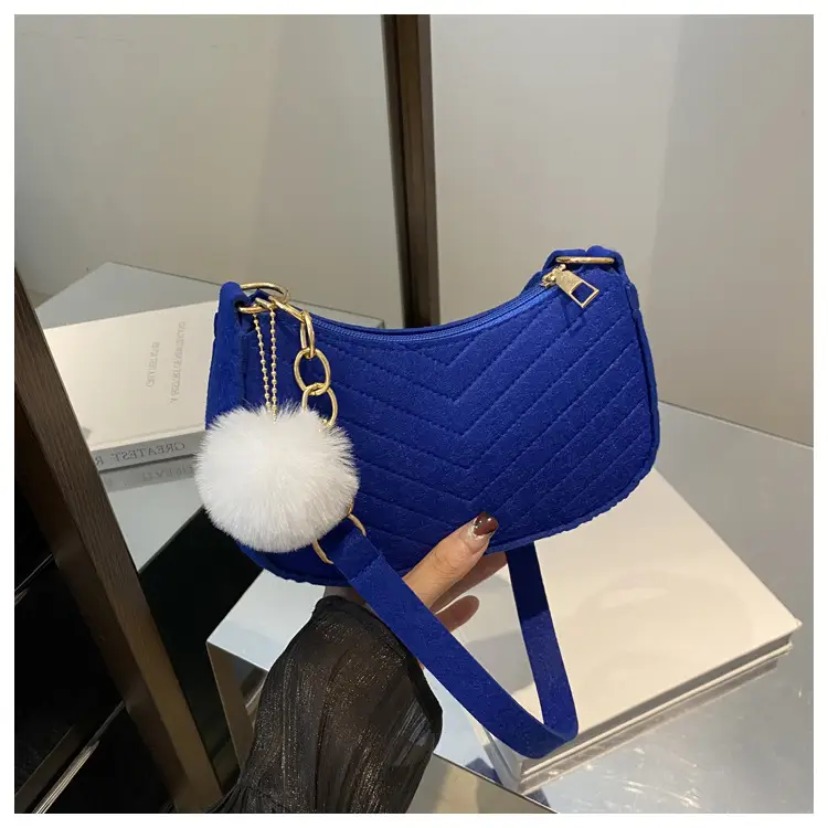 Women's Blue Felt Shoulder Bag with Pom Pom — feature 12