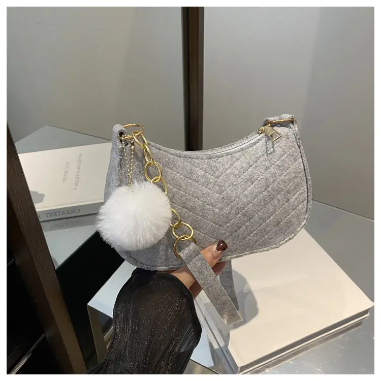 Women's Blue Felt Shoulder Bag with Pom Pom — feature 13