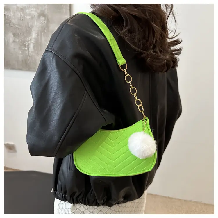 Women's Blue Felt Shoulder Bag with Pom Pom — feature 16