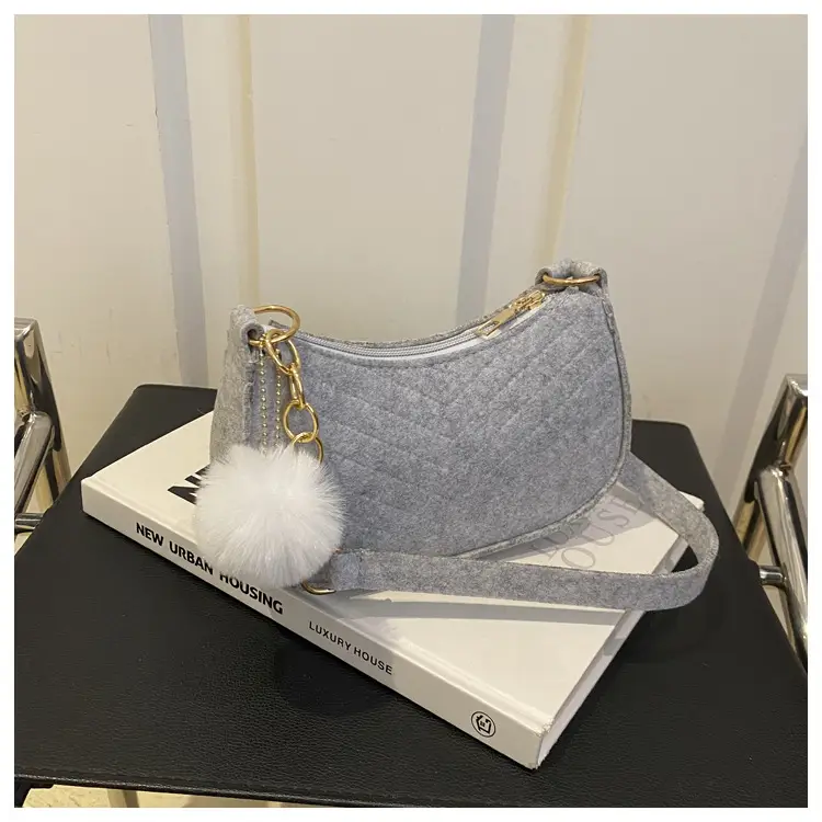 Women's Blue Felt Shoulder Bag with Pom Pom — feature 8
