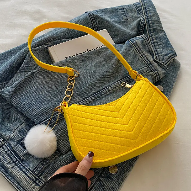 Women's Blue Felt Shoulder Bag with Pom Pom - Image 2