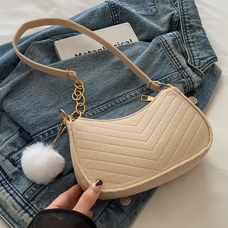 Women's Blue Felt Shoulder Bag with Pom Pom - Image 3