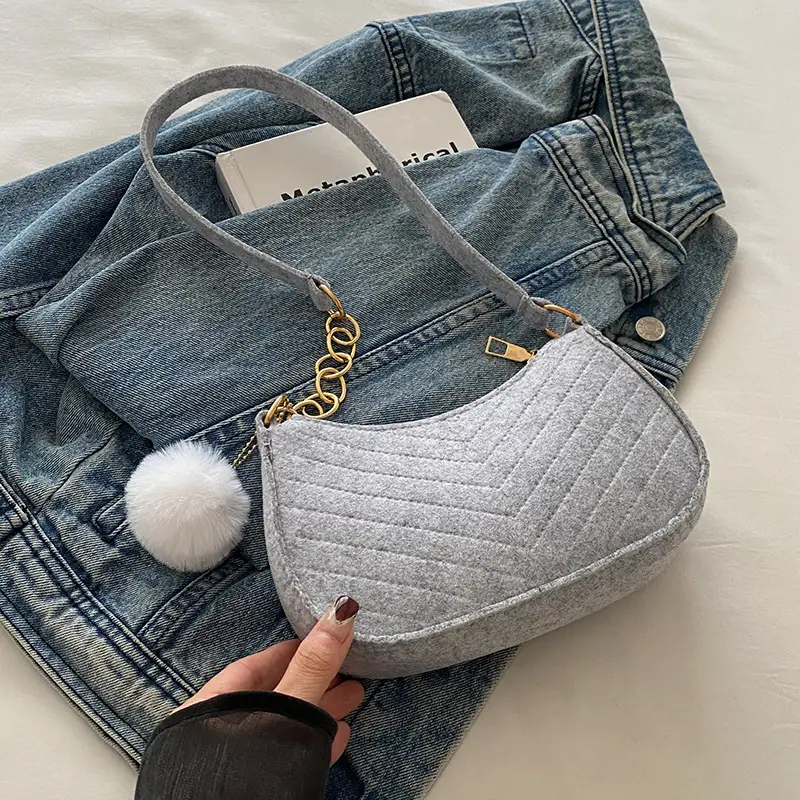 Women's Blue Felt Shoulder Bag with Pom Pom - Image 4