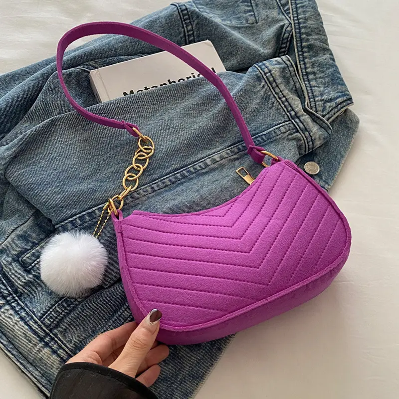 Women's Blue Felt Shoulder Bag with Pom Pom - Image 5