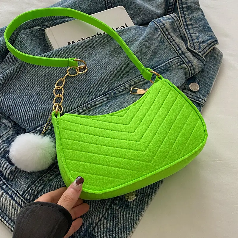 Women's Blue Felt Shoulder Bag with Pom Pom - Image 6