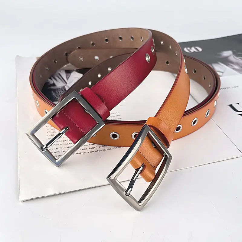Women's European & American Punk Hollow Rivet Belt Real Cowhide
