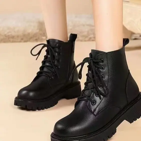 Women's British Style Thick Heel Boots Black Fleece Lined Winter