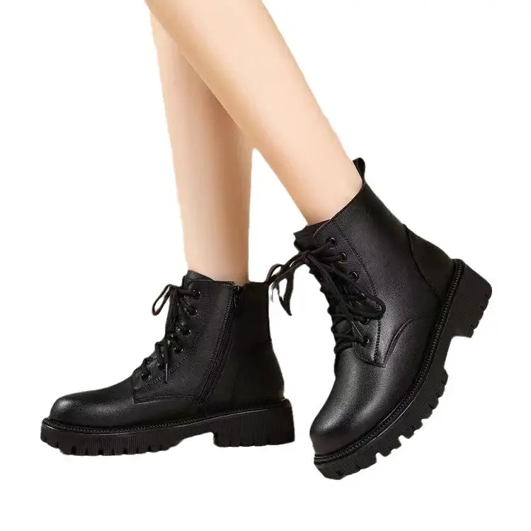 Women's British Style Thick Heel Boots Black Fleece Lined Winter
