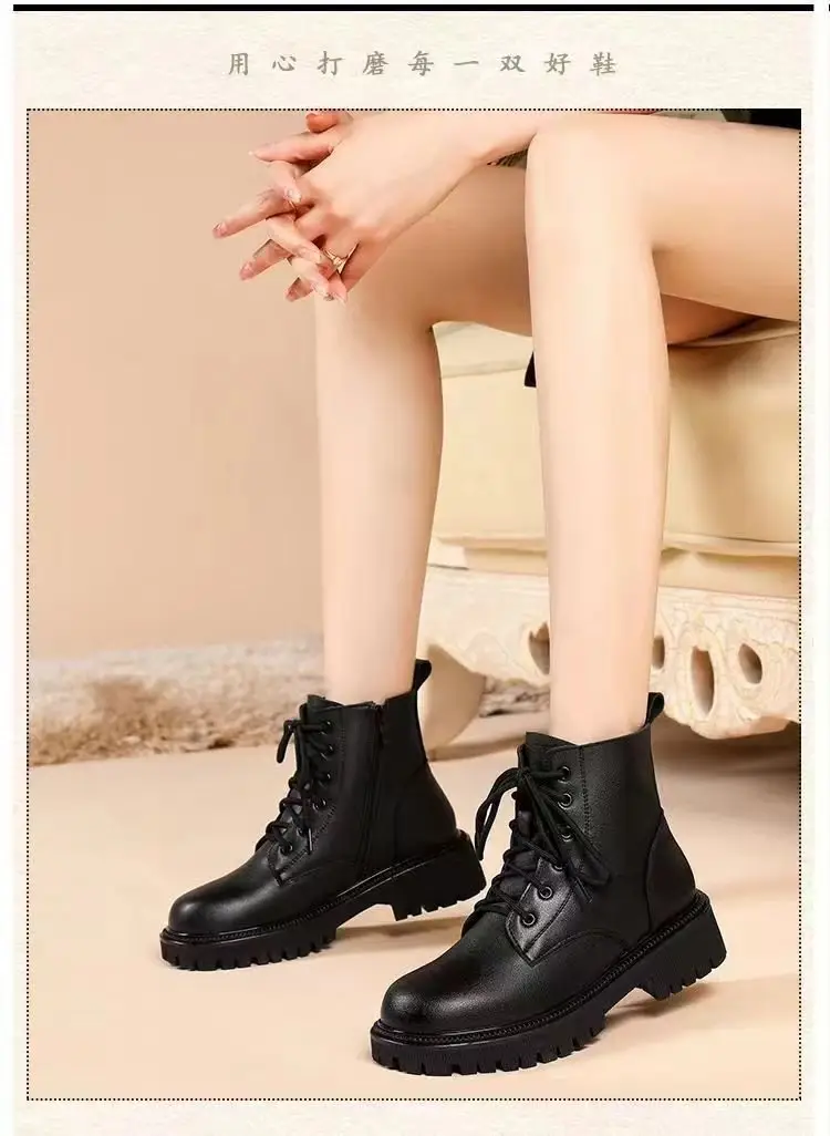 Women's British Style Thick Heel Boots Black Fleece Lined Winter — feature 2