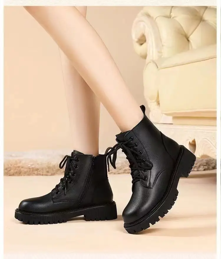 Women's British Style Thick Heel Boots Black Fleece Lined Winter — feature 4