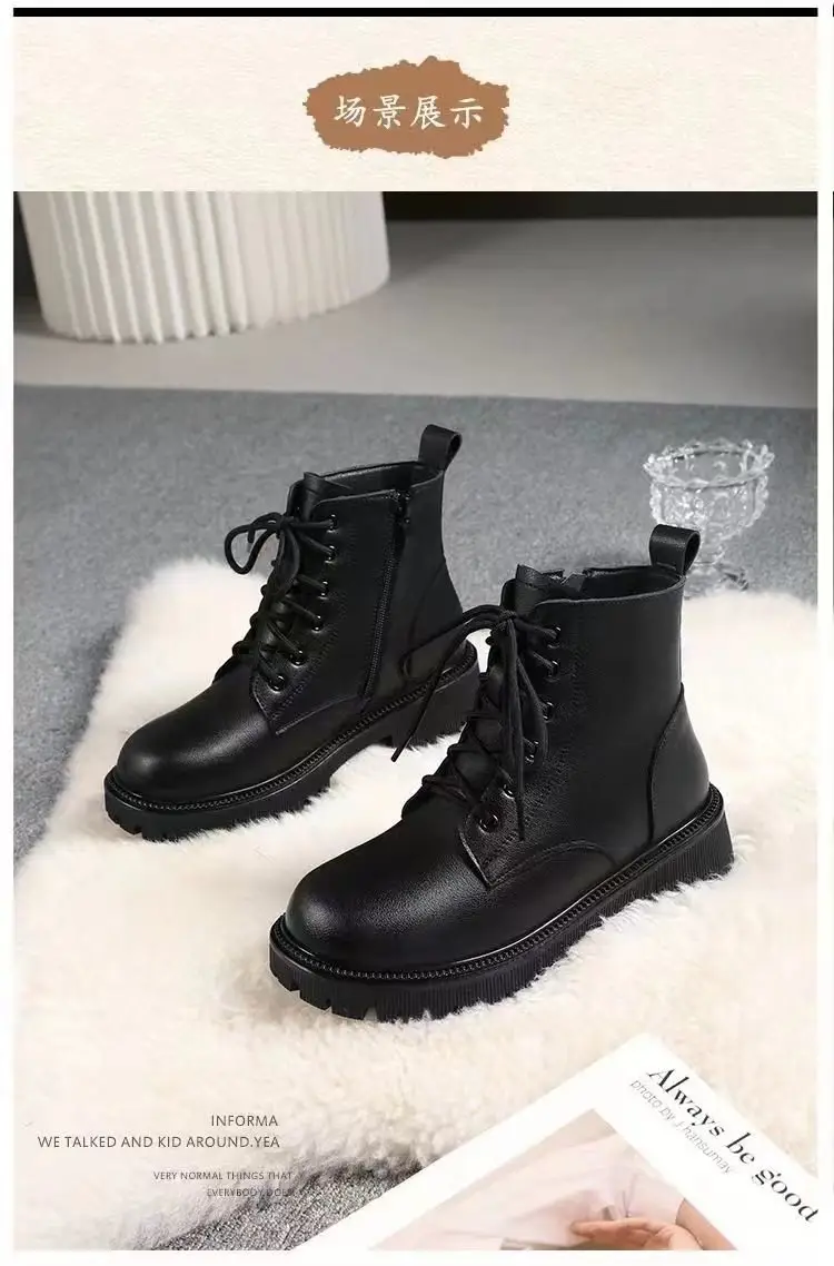 Women's British Style Thick Heel Boots Black Fleece Lined Winter — feature 5