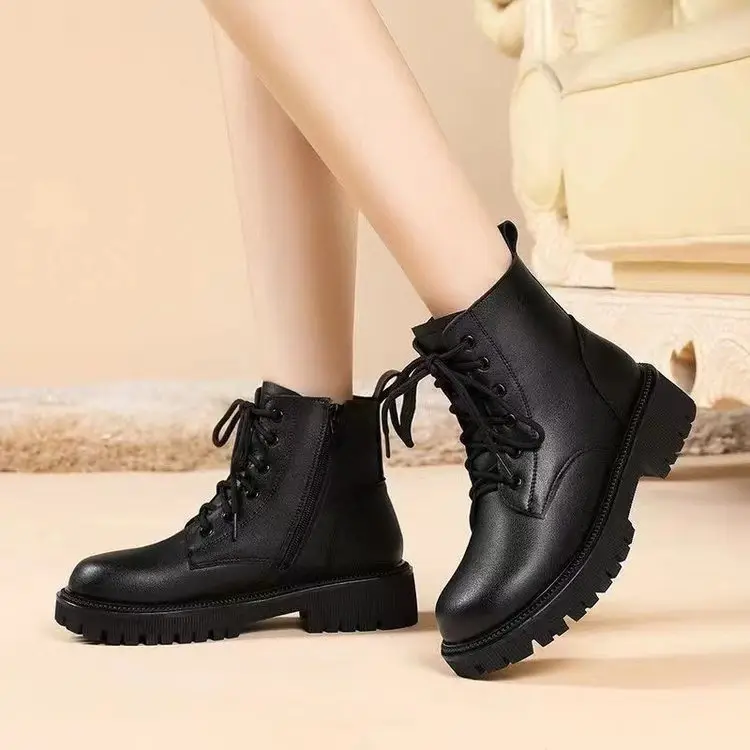 Women's British Style Thick Heel Boots Black Fleece Lined Winter — feature 7
