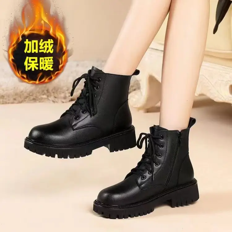 Women's British Style Thick Heel Boots Black Fleece Lined Winter