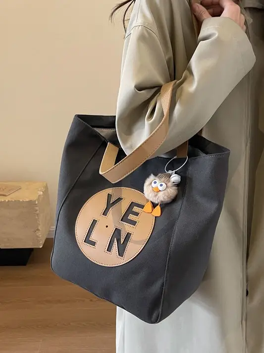 Women's Black Yellow Leather Tote Bag with Cute Charm - Image 7