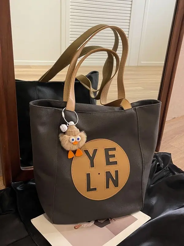 Women's Black Yellow Leather Tote Bag with Cute Charm - Image 8