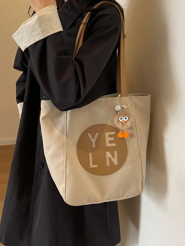 Women's Black Yellow Leather Tote Bag with Cute Charm - Image 9
