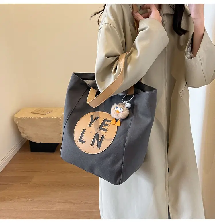 Women's Black Yellow Leather Tote Bag with Cute Charm — feature 19