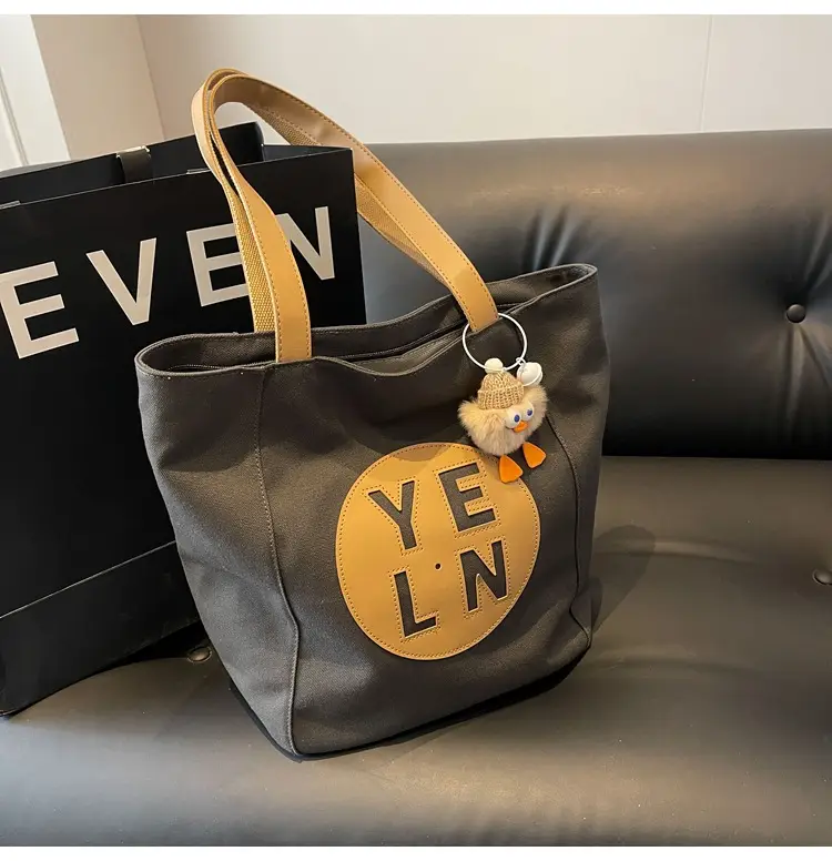 Women's Black Yellow Leather Tote Bag with Cute Charm — feature 27