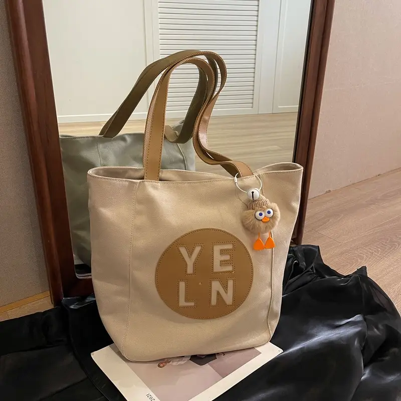 Women's Black Yellow Leather Tote Bag with Cute Charm - Image 3
