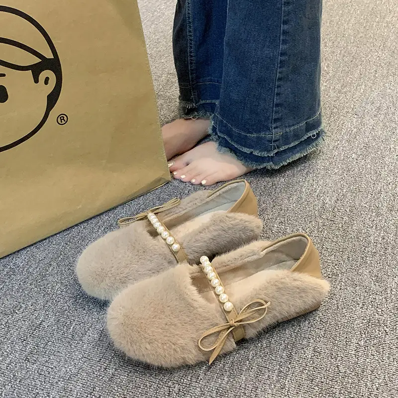 Women's Furry Shoes 2025 Autumn and Winter New Style Pearl Bow Round Toe Slip-On Outer Slippers Two-Wear Lazy Shoes - Image 5