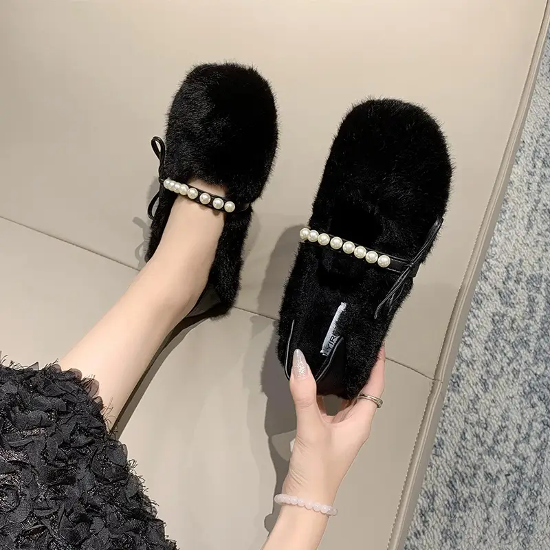 Women's Furry Shoes 2025 Autumn and Winter New Style Pearl Bow Round Toe Slip-On Outer Slippers Two-Wear Lazy Shoes - Image 6