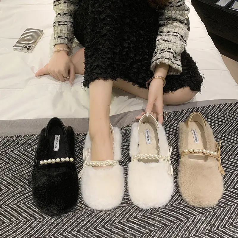 Women's Furry Shoes 2025 Autumn and Winter New Style Pearl Bow Round Toe Slip-On Outer Slippers Two-Wear Lazy Shoes - Image 7