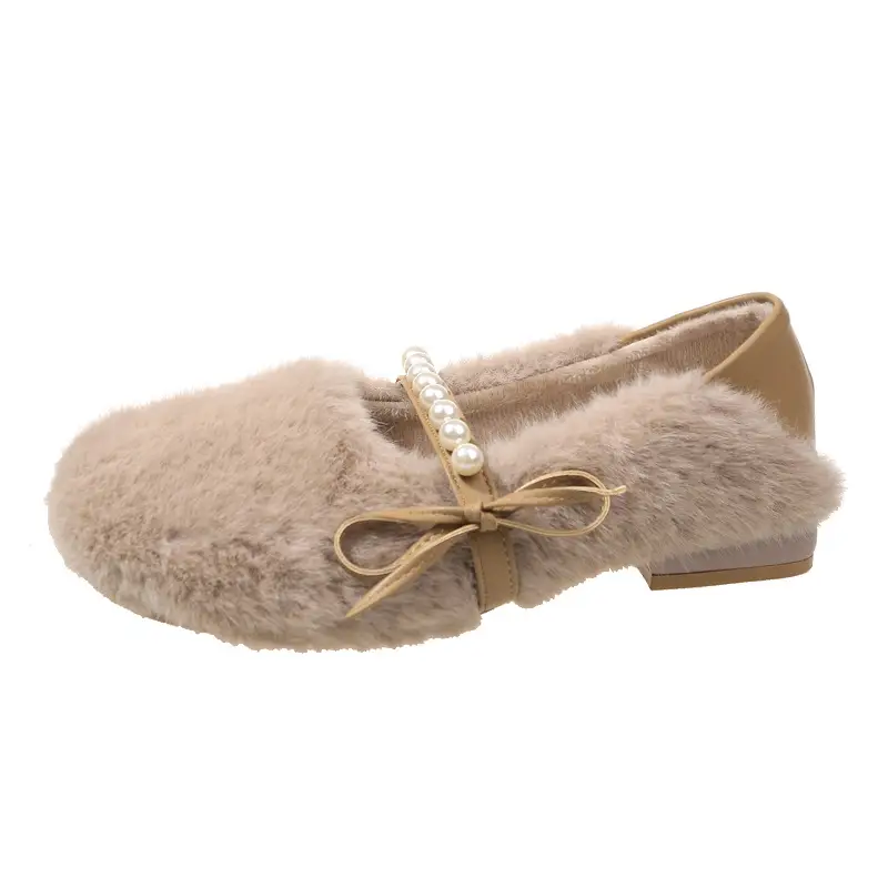 Women's Furry Shoes 2025 Autumn and Winter New Style Pearl Bow Round Toe Slip-On Outer Slippers Two-Wear Lazy Shoes - Image 8