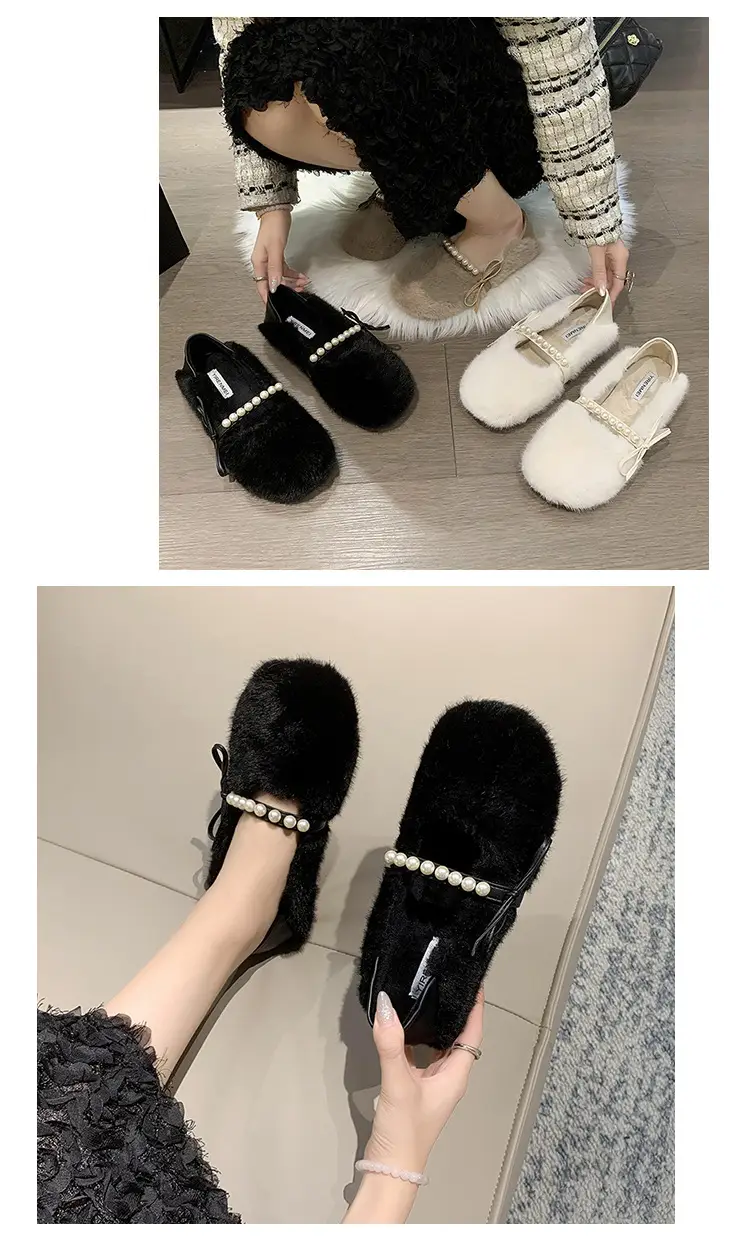 Women's Furry Shoes 2025 Autumn and Winter New Style Pearl Bow Round Toe Slip-On Outer Slippers Two-Wear Lazy Shoes — feature 10