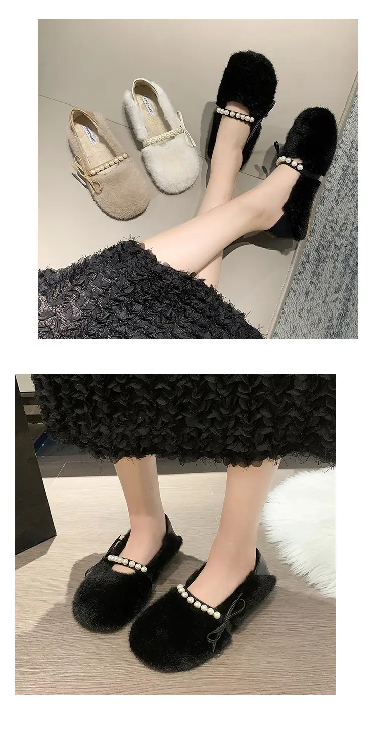 Women's Furry Shoes 2025 Autumn and Winter New Style Pearl Bow Round Toe Slip-On Outer Slippers Two-Wear Lazy Shoes — feature 11