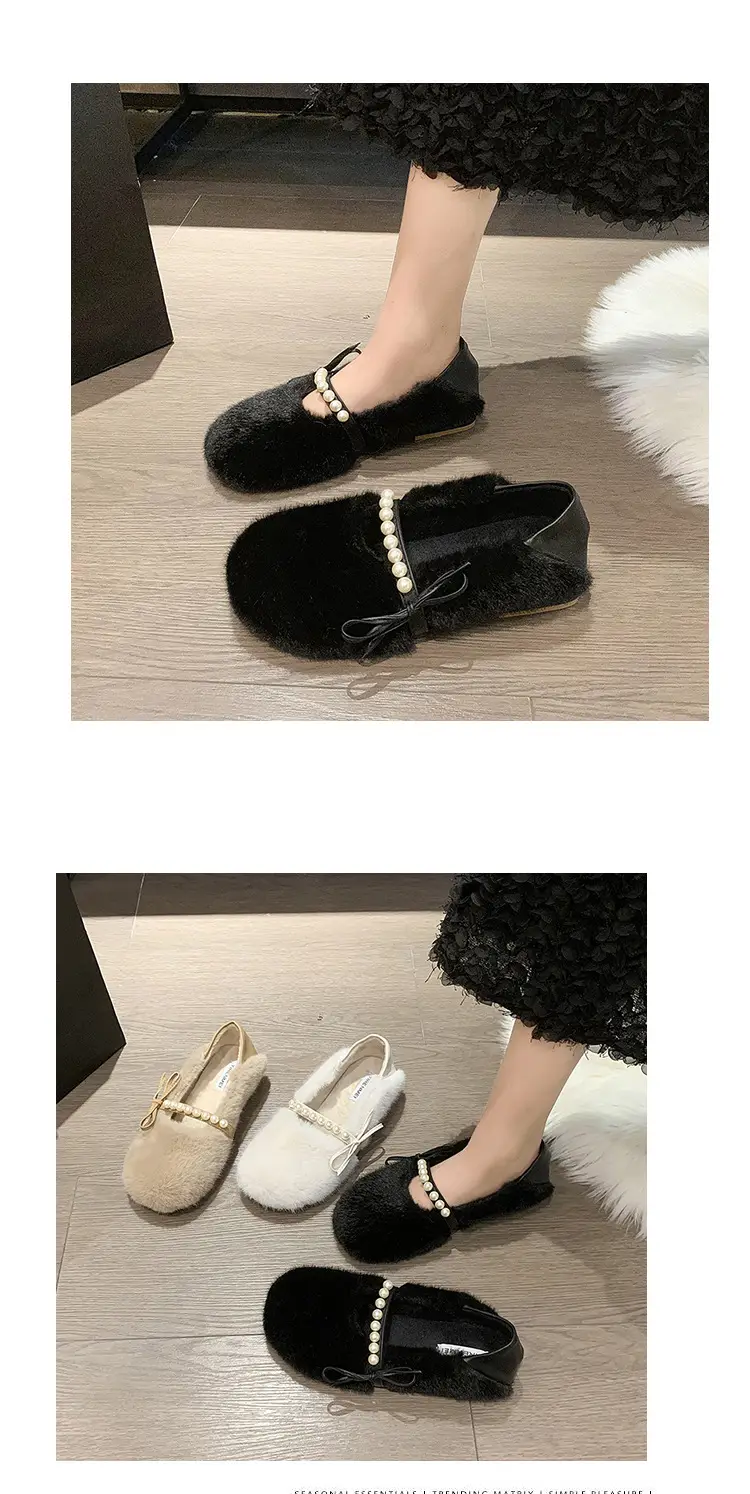 Women's Furry Shoes 2025 Autumn and Winter New Style Pearl Bow Round Toe Slip-On Outer Slippers Two-Wear Lazy Shoes — feature 12