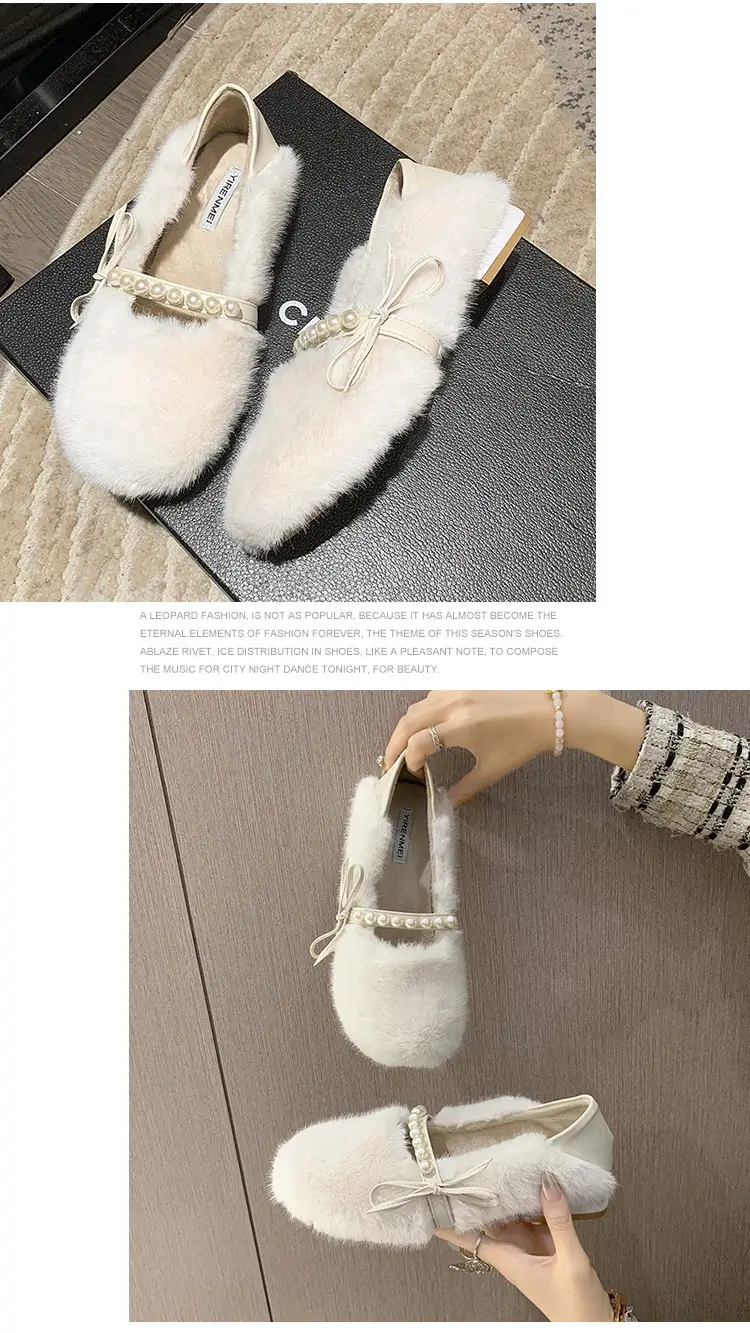 Women's Furry Shoes 2025 Autumn and Winter New Style Pearl Bow Round Toe Slip-On Outer Slippers Two-Wear Lazy Shoes — feature 14